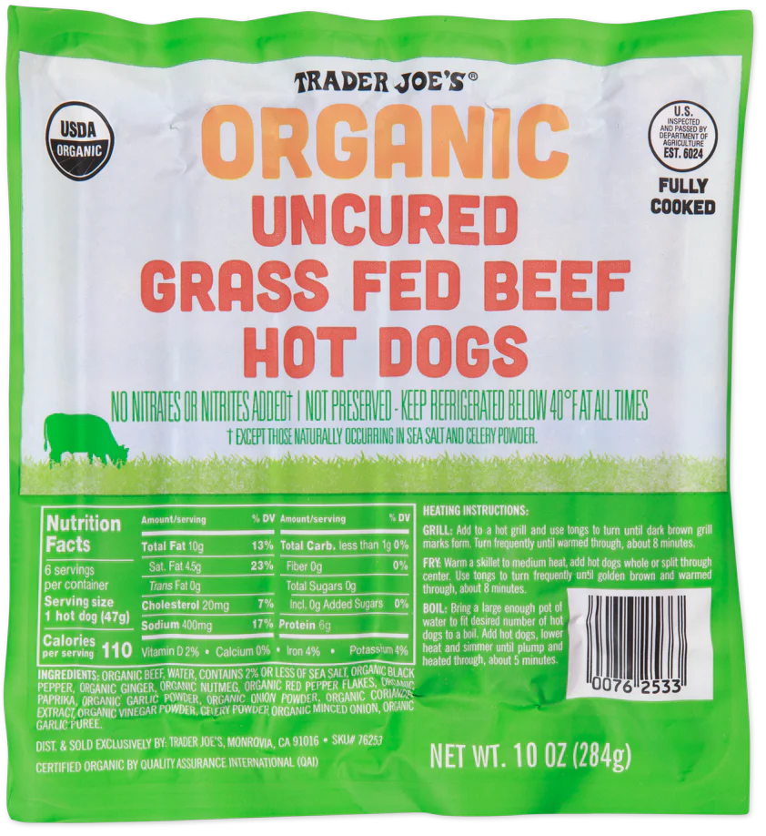 Organic Uncured Grass Fed Beef Hot Dogs