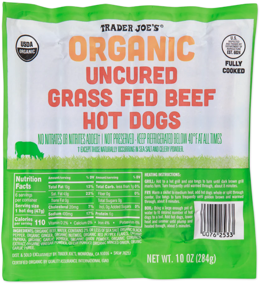Organic Uncured Grass Fed Beef Hot Dogs